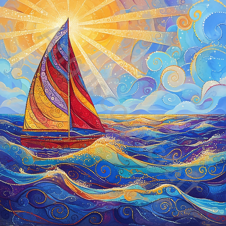 May include: A vibrant painting of a sailboat on a wavy sea under a bright sun. The sailboat's sail is striped with red, yellow, purple, and orange. The sea is a deep blue with swirling patterns, and the sky is a mix of blue and yellow.