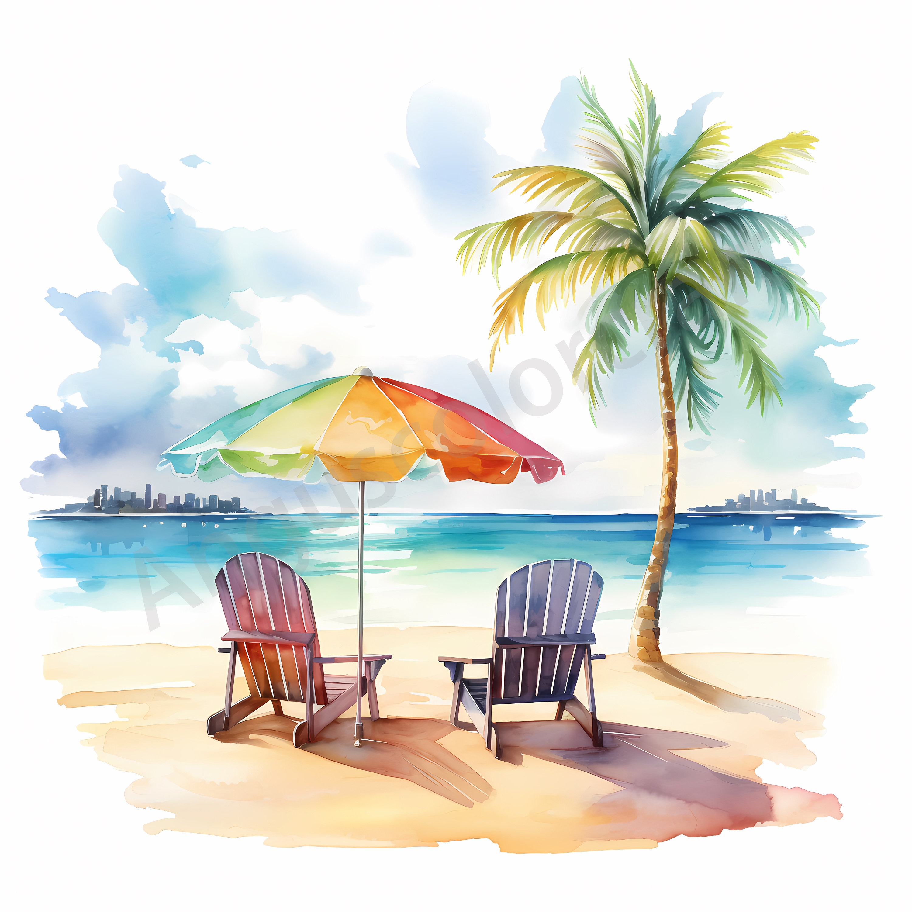 15 Watercolor Tropical Beach Clipart, Summer Beach Clip Art, Vacation ...