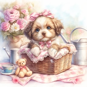 10 Clip Art de Filhotes Shabby Chic, Aquarela Vintage JPG, Diário de Lixo, Scrapbook, Criação de Cartões, Download Digital, Fantasia, Cachorro Fofo e Caprichoso