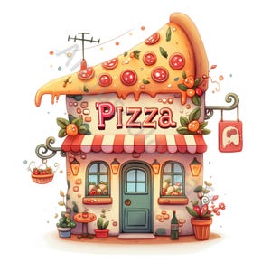 Whimsical Pizza Shop Watercolor Clip Art, Junk Journal, Card Making (10 JPG Digital Download) image 8