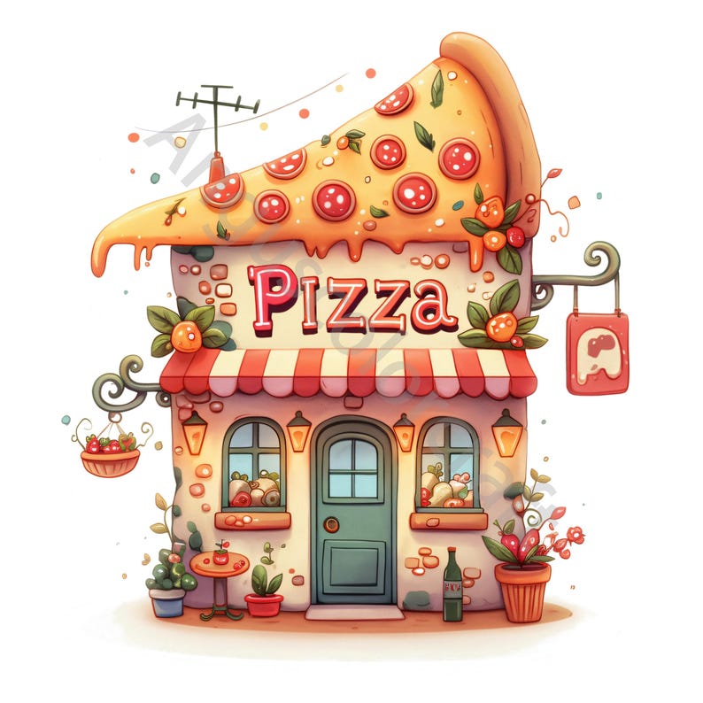Whimsical Pizza Shop Watercolor Clip Art, Junk Journal, Card Making (10 JPG Digital Download) image 8