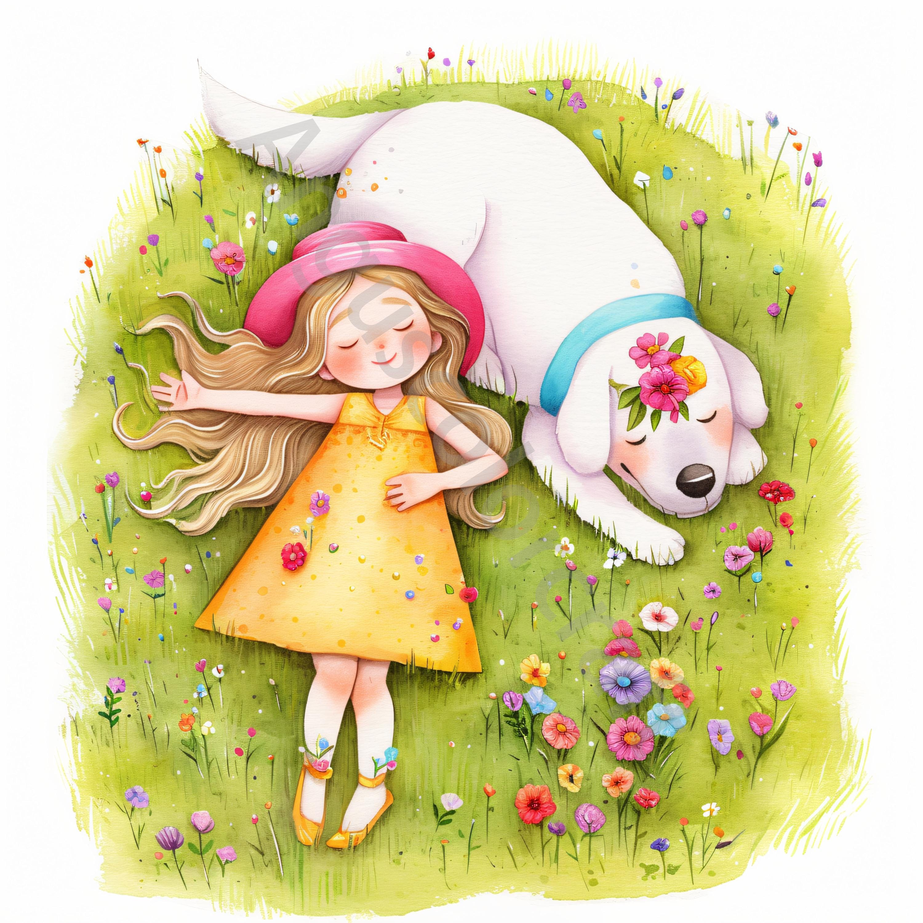 Girl and Dog Watercolor Clip Art: Whimsical Spring Designs (10 JPG ...