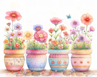 Puede incluir: Cuatro macetas de flores coloridas con una variedad de flores rosas, moradas y amarillas. Las macetas están decoradas con un patrón caprichoso de puntos y rayas.