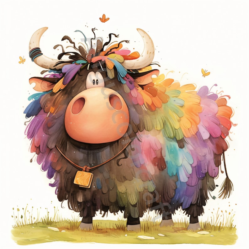 May include: A colorful, fluffy yak with a rainbow-colored mane and a brown leather collar with a metal bell. The yak is standing on a green grassy field.