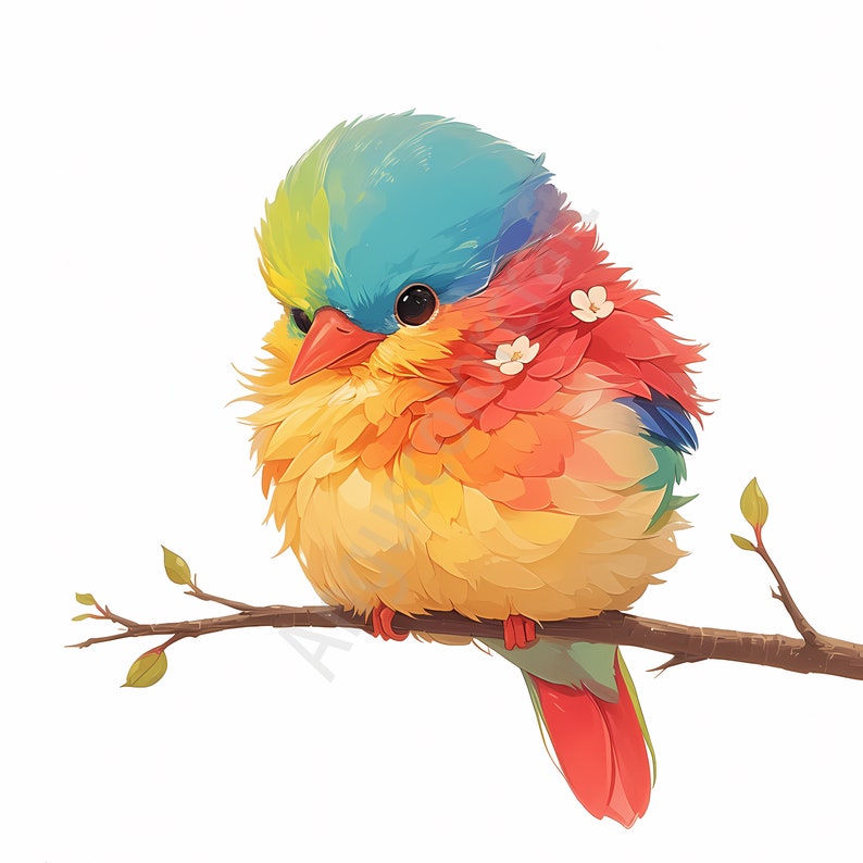 May include: A small, colorful bird with blue, red, yellow, and green feathers perches on a branch. The bird has white flowers in its feathers.