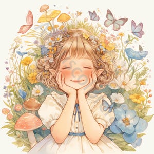 May include: A young girl with blonde curly hair wears a white dress with blue trim and a flower crown. She is surrounded by a variety of flowers, including blue, yellow, and white blossoms. The girl is smiling and has her hands on her cheeks.