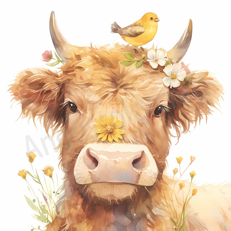 May include: A close-up of a brown and white Highland cow with a yellow bird perched on its head. The cow has a flower on its nose and is surrounded by yellow flowers.