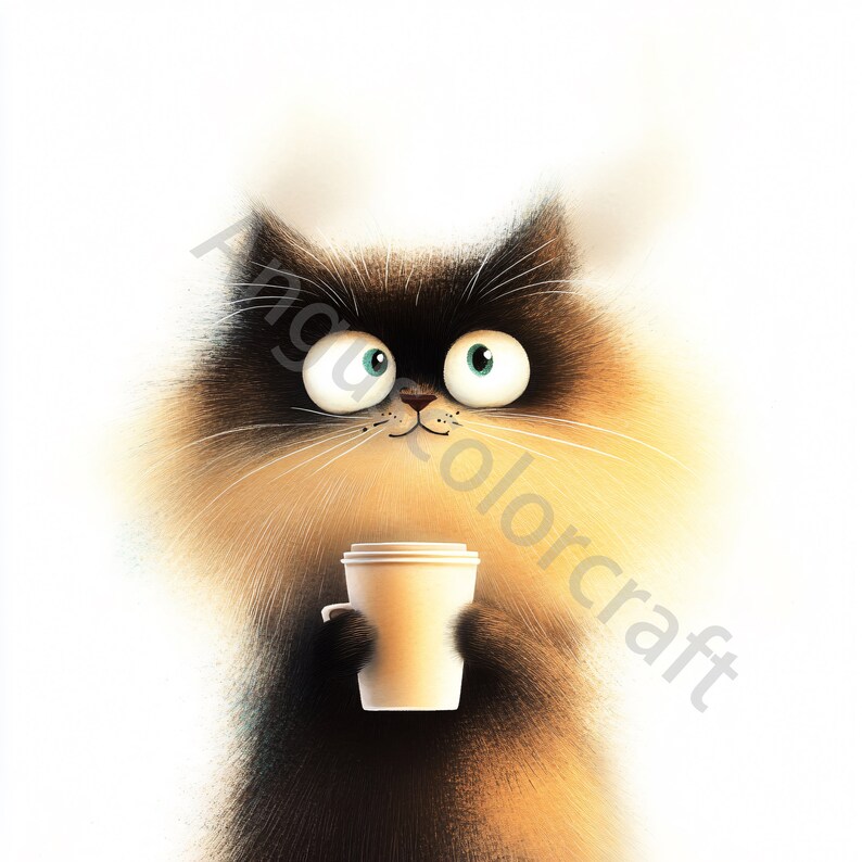 Op de afbeelding: Een pluche, bruin-zwarte kat met grote, blauwe ogen houdt een witte papieren beker met koffie vast. De kat kijkt naar rechts van het frame.