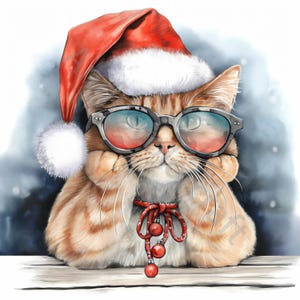 Christmas Cats Clip Art 10 Watercolor Holiday JPGs, Junk Journaling, Scrapbooking, Card Making, Digital Download, Fantasy, Whimsical Kitten