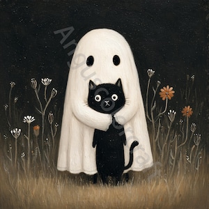 Imágenes prediseñadas de fantasmas y gatos, 10 archivos JPG de acuarela de alta resolución para diario basura, scrapbooking, creación de tarjetas, descarga de caravanas digitales, fantasía, caprichoso