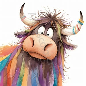 May include: A cartoon illustration of a brown and black cow with a rainbow colored mane. The cow has large, round eyes and a surprised expression. The cow is wearing colorful bracelets on its horns.