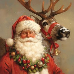 Vintage Père Noël avec renne Clipart Bundle 10 JPG aquarelles haute résolution pour la journalisation indésirable, scrapbooking, travaux manuels, téléchargement numérique, Noël
