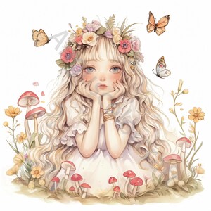 May include: A young girl with blonde hair and blue eyes wears a white dress and a flower crown. She is surrounded by flowers and mushrooms in a watercolor illustration.