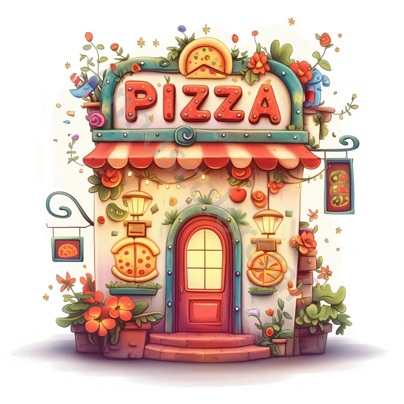 Whimsical Pizza Shop Watercolor Clip Art, Junk Journal, Card Making (10 JPG Digital Download) image 10