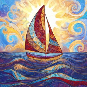 May include: A colorful sailboat painting with a vibrant design. The boat has a red and blue patterned sail, set against a sunny sky and wavy blue water. The artwork features swirling patterns and a warm color palette.
