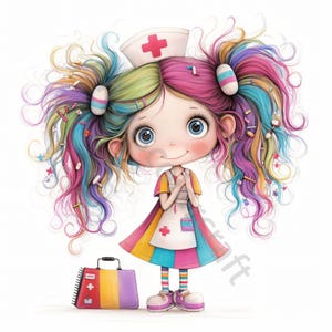 13 JPG Quirky Nurse Clip Art, Watercolor Clipart, Junk Journal, Scrapbook, Card Making, Digital Download, Fantasy, Whimsical Quirky Girl