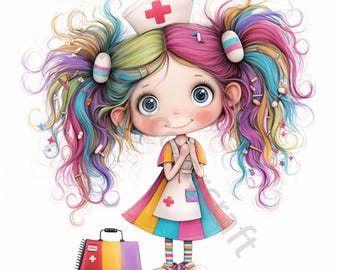 13 imágenes JPG de enfermera peculiar, imágenes prediseñadas en acuarela, descarga digital, fantasía, chica caprichosa y peculiar