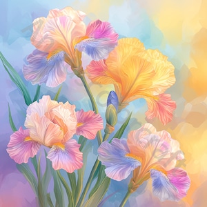 Könnte beinhalten: Ein Gemälde mit vier Irisblüten in Rosa-, Gelb- und Blautönen. Die Blüten sind zu einem Strauß angeordnet, wobei sich ihre Blütenblätter entfalten. Der Hintergrund ist ein weicher, abstrakter Aquarell-Wasch in Blau und Gelb.