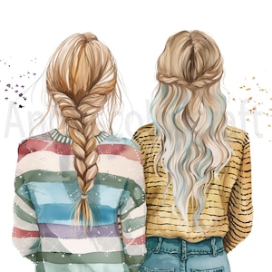 Pacote de 18 clipart de melhor amiga em aquarela, ilustração de moda para garotas de festa, clipart de irmã, clipart de mãe e filha, clipart de irmã