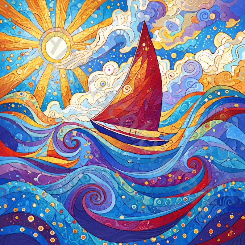 May include: A colorful, abstract painting of a sailboat on the ocean. The boat has a red sail and is set against a backdrop of a bright sun, blue sky, and swirling waves in shades of blue, purple, orange, and yellow.