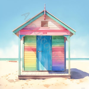 10 JPGs Imágenes prediseñadas de cabaña de playa, uso comercial, efímera caprichosa, imágenes prediseñadas de paisaje de playa de acuarela, descarga instantánea, artesanía de papel digital