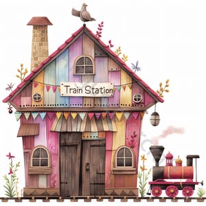 10 imágenes prediseñadas de estaciones de tren, acuarela JPG, diario basura, álbum de recortes, creación de tarjetas, descarga digital, fantasía, estación de tren caprichosa