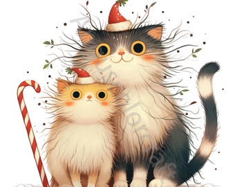 10 Christmas Cats Clip Art Watercolor Clipart JPGs, Junk Journaling, Scrapbooking, Card Making, Digital Download Kit, Funny Frazzled Kitten