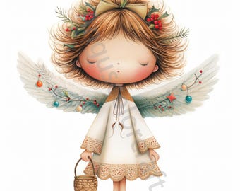 May include: A watercolor illustration of a Christmas angel with brown hair, wearing a white dress and a wreath of holly and berries. The angel has wings decorated with holly and ornaments and is holding a small basket.