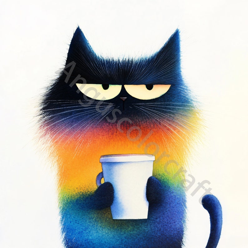 Op de afbeelding: Een zwarte kat met een regenboogkleurige vacht houdt een witte koffiebeker vast. De kat heeft een chagrijnige uitdrukking op zijn gezicht.