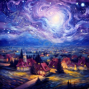 Whimsical Starry Night Village Art 10 JPGs em aquarela de alta resolução para registro de lixo eletrônico, scrapbooking, criação de cartões, kit de download digital