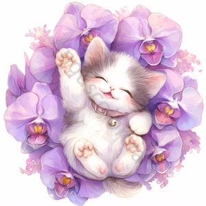 Watercolor Cat With Orchid Clipart: High-res JPG Images (13 Jpgs