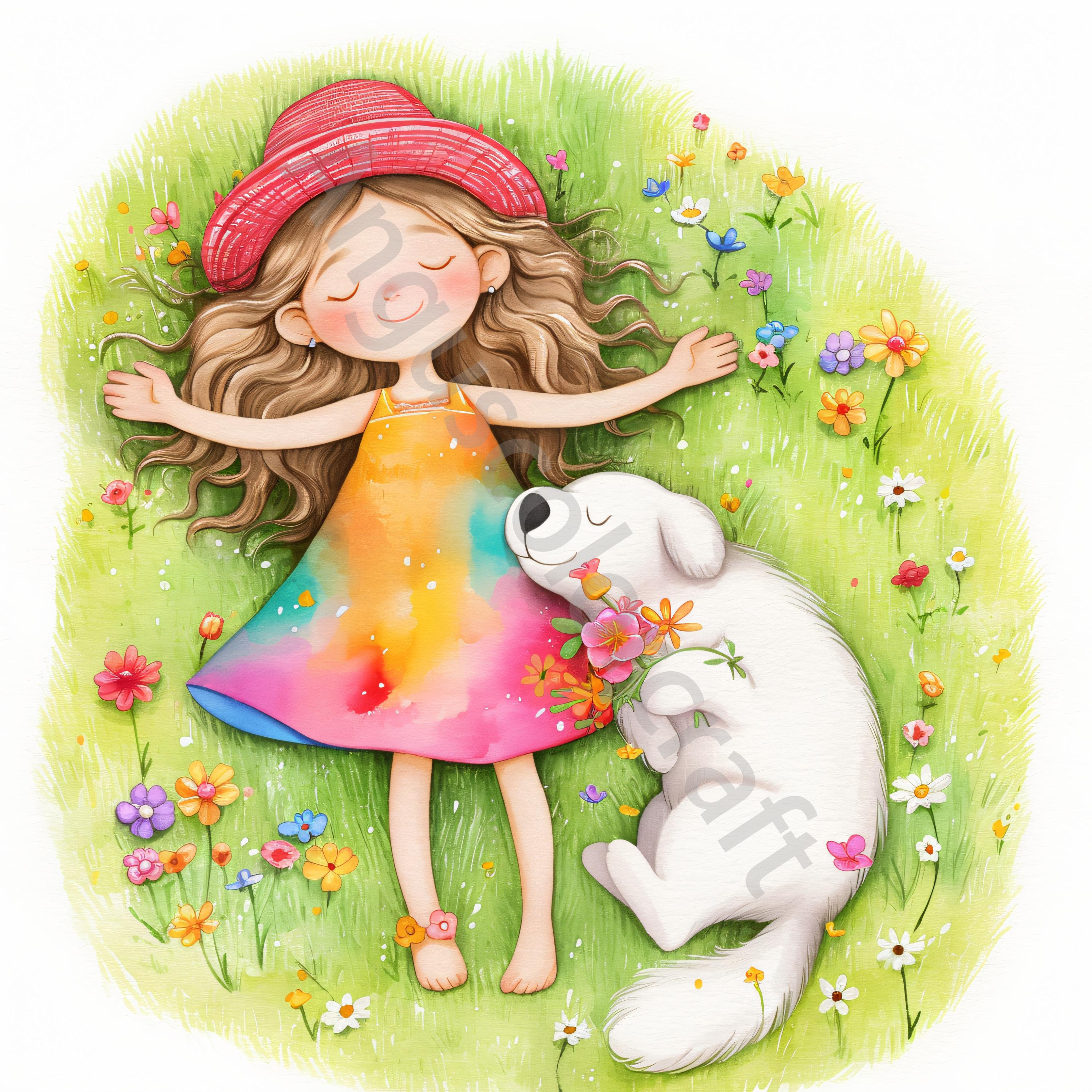 Girl and Dog Watercolor Clip Art: Whimsical Spring Designs (10 JPG ...