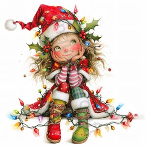 Imágenes prediseñadas de niña navideña, 12 archivos JPG de acuarela de alta resolución, Junk Journaling, Scrapbooking, fabricación de tarjetas, kit de descarga digital, luces navideñas