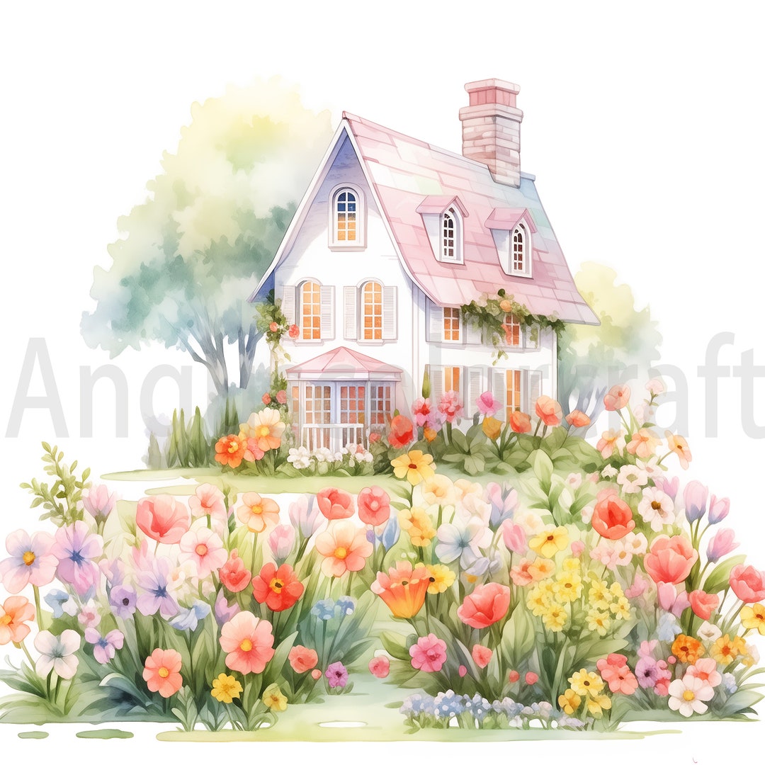 Farmhouse With Flower Garden Clipart - 20 High Quality Jpgs, Commercial ...
