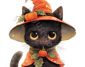 かわいいハロウィン黒猫クリップアートバンドル 水彩魔女猫PNG