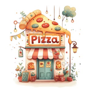 Whimsical Pizza Shop Watercolor Clip Art, Junk Journal, Card Making (10 JPG Digital Download) image 6