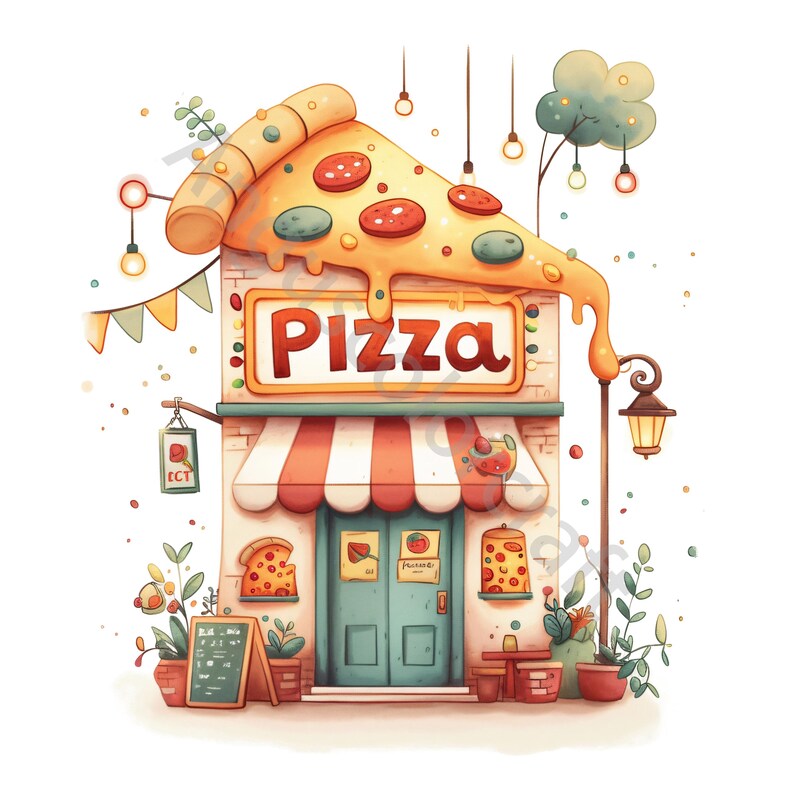Whimsical Pizza Shop Watercolor Clip Art, Junk Journal, Card Making (10 JPG Digital Download) image 6