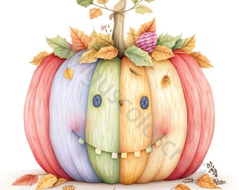 10 JPG Quirky Pumpkin Watercolor Clip art, Cottagecore Fall, Rustic Autumn Mood Halloween Graphics, Commercial Use, Whimsical Ephemera