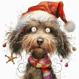 Quirky Santa Dog Clip Art 13 High Res Watercolor JPGs, Junk Journaling, Scrapbooking, Card Making, Digital Download Kit, Fantasy, Whimsical
