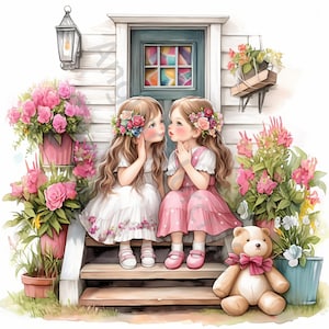 May include: Two girls with floral crowns are whispering to each other on a porch with a teddy bear and potted plants. The girls are wearing pink and white dresses and have long brown hair.