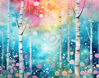 Whimsical birch wood Trees Clip Art Bundle 10 High Res Watercolor JPGs, Junk Journaling, Scrapbooking, Card Making, Digital Kit Quirky Trees