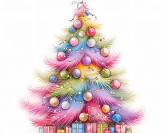 10 JPG Whimsical Pink Christmas Tree Clipart, Quirky Christmas Clipart, Digital Download, Watercolor Clipart, Printables, Commercial License