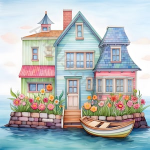 Grillige eiland Cottage Clip Art bundel 12 hoge resolutie aquarel clipart JPG's, ongewenste journaling, scrapbook, kaart maken, digitale downloadkit