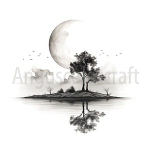 May include: A black and white drawing of a crescent moon over a small island with two trees. The trees are reflected in the water below. There are birds flying in the sky.