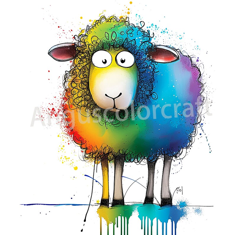 May include: A rainbow-colored sheep with a white face and big eyes. The sheep is standing on a white background with colorful paint splatters.