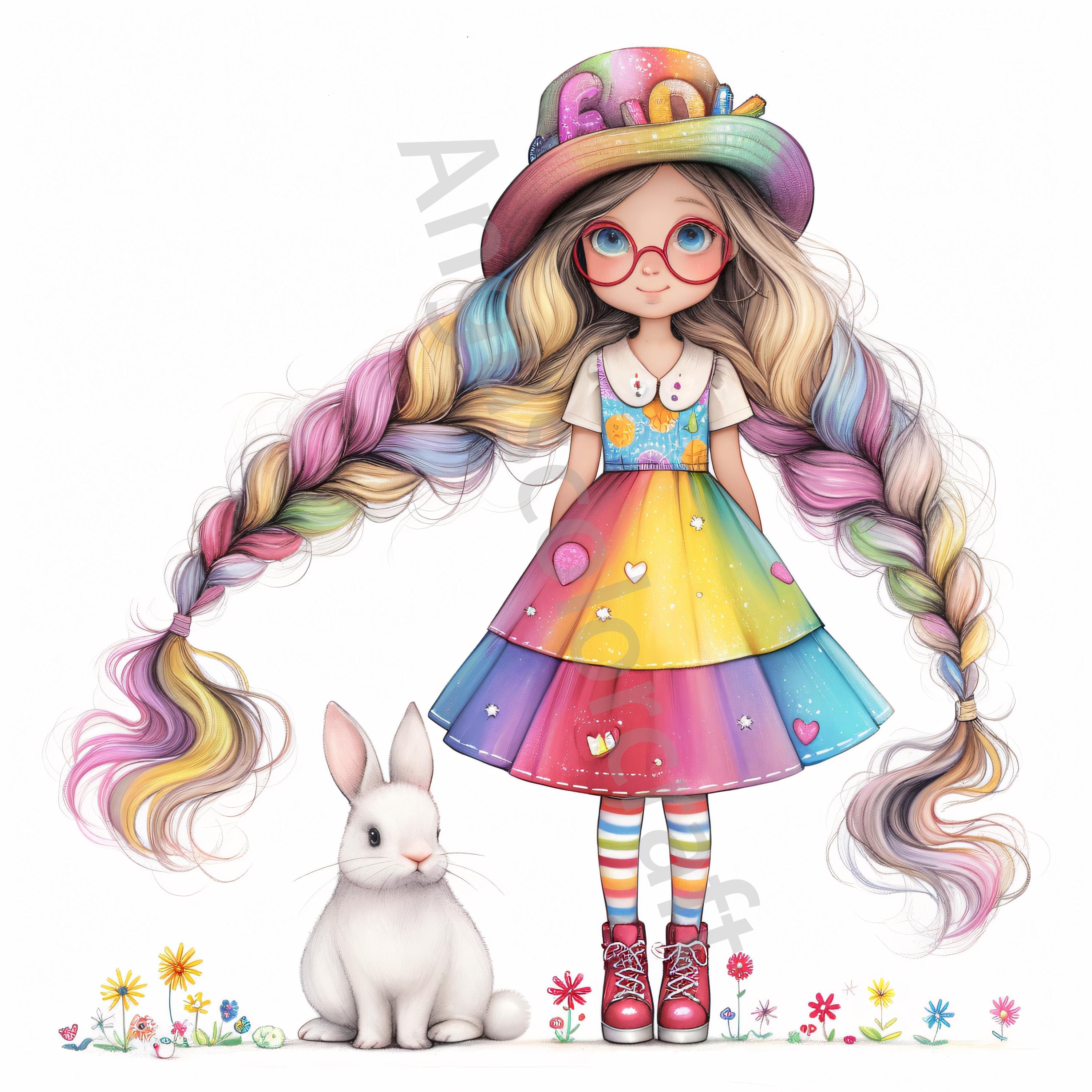10 Quirky Girl With Bunny Clip Art, Commercial Use, Whimsical Ephemera ...