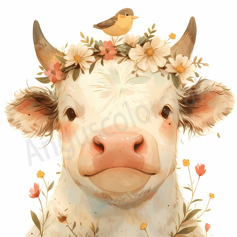 May include: A white cow with a pink nose and brown ears wears a flower crown with a small yellow bird perched on top. The cow has a gentle expression and is surrounded by green leaves and small pink and yellow flowers.