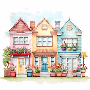Whimsical Row Houses Clipart Bundle 20 JPG ad alta risoluzione acquerello per Junk Journaling, Scrapbooking, Artigianato con la carta, Download digitale