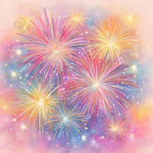 May include: Watercolor illustration of colorful fireworks bursting in the sky. The artwork features vibrant hues of pink, yellow, blue, and purple, with sparkling accents. The background is a soft, pastel blend of colors.