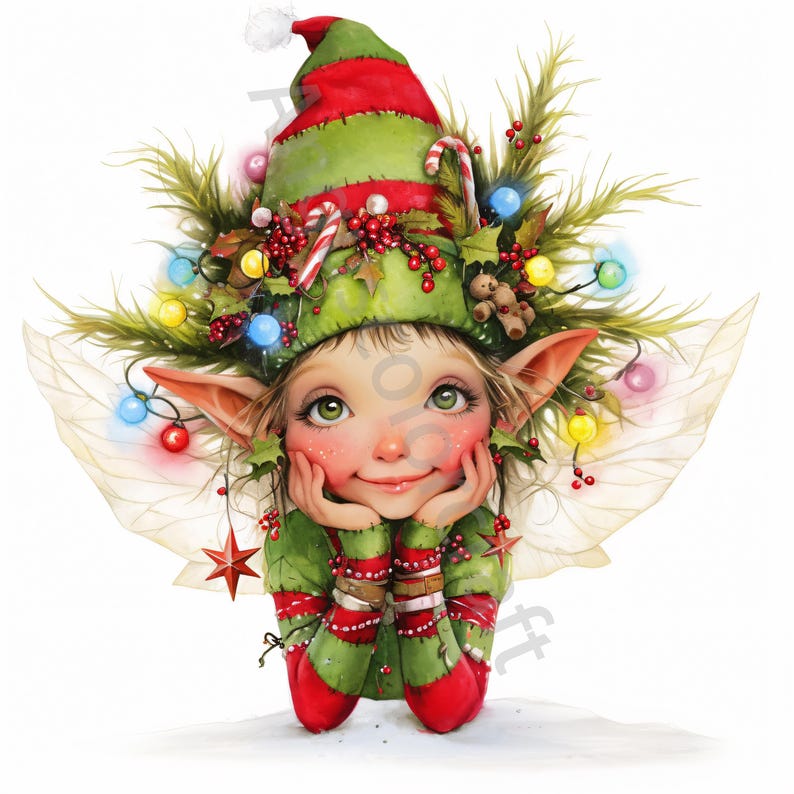May include: A Christmas fairy with green and red striped clothing, a green hat with red trim, and fairy wings. The fairy is surrounded by Christmas lights, holly, and candy canes.